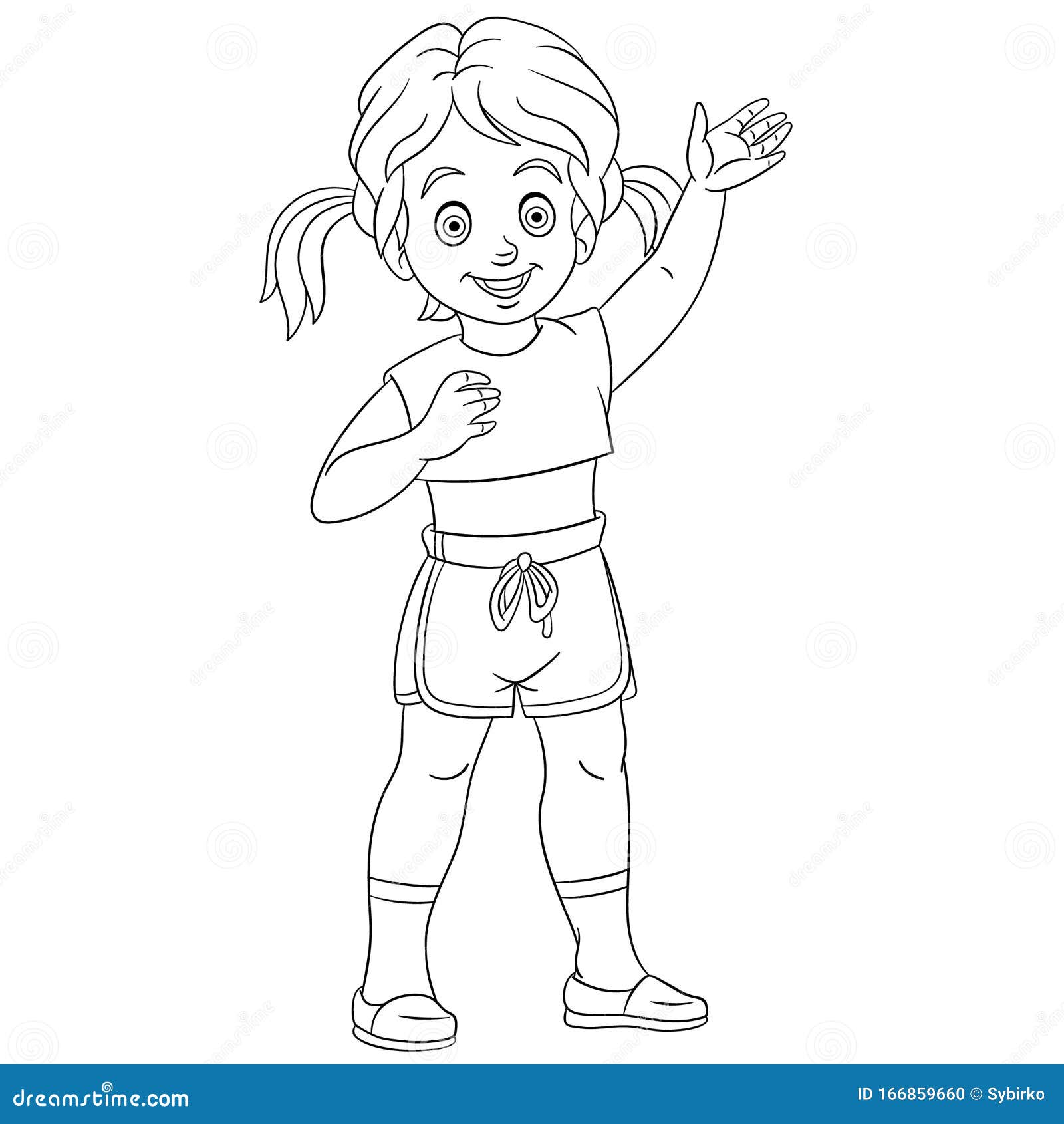 Coloring Page with Happy Girl Waving Hand Stock Vector - Illustration