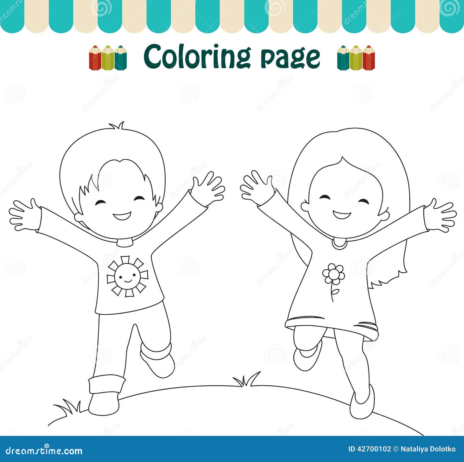 Coloring Page Happy Kids Stock Vector Illustration Of Page