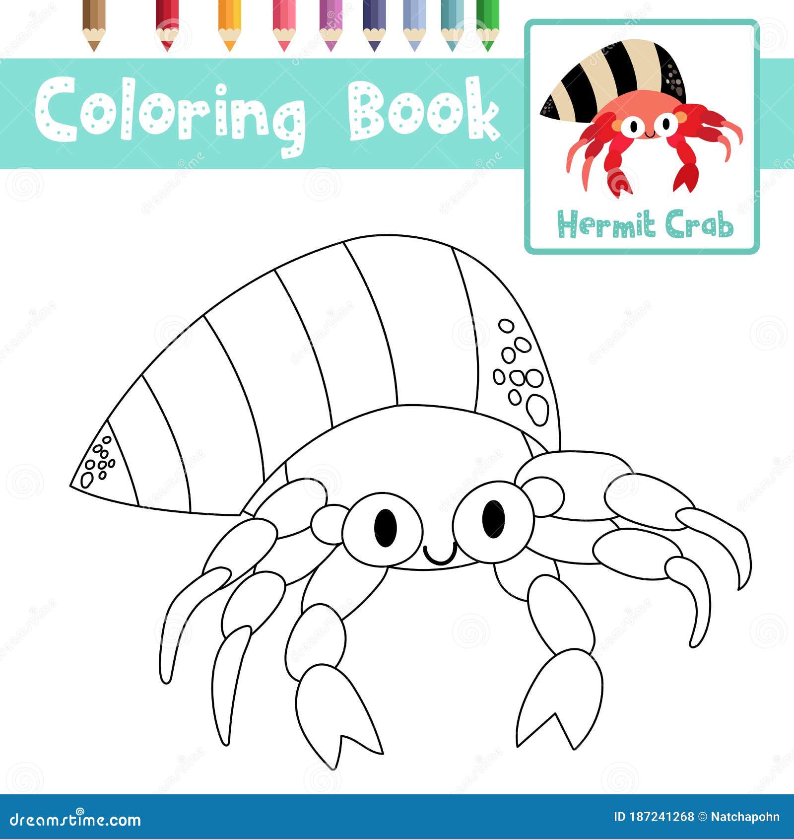 Coloring Page Hermit Crab Animal Cartoon Character Vector Illustration  Stock Vector - Illustration of character, kindergarten: 187241268