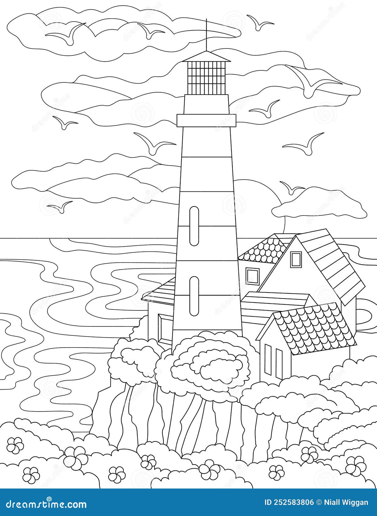 Coloring Page with Houses on Hill Next To Lighthouse, Ocean and Birds ...