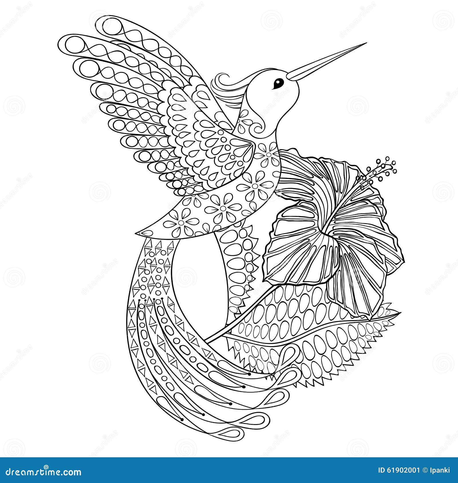 Coloring page with Hummingbird in hibiskus zentangle