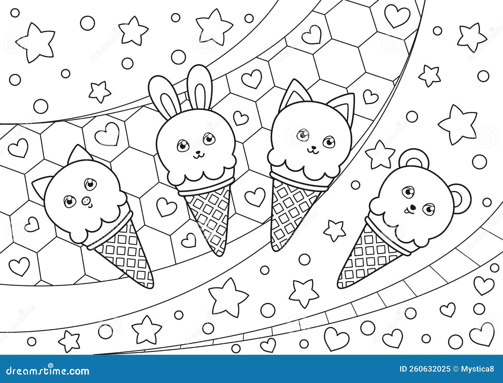 Coloring Page with Ice Cream Cones Characters in the Form of Kawaii ...
