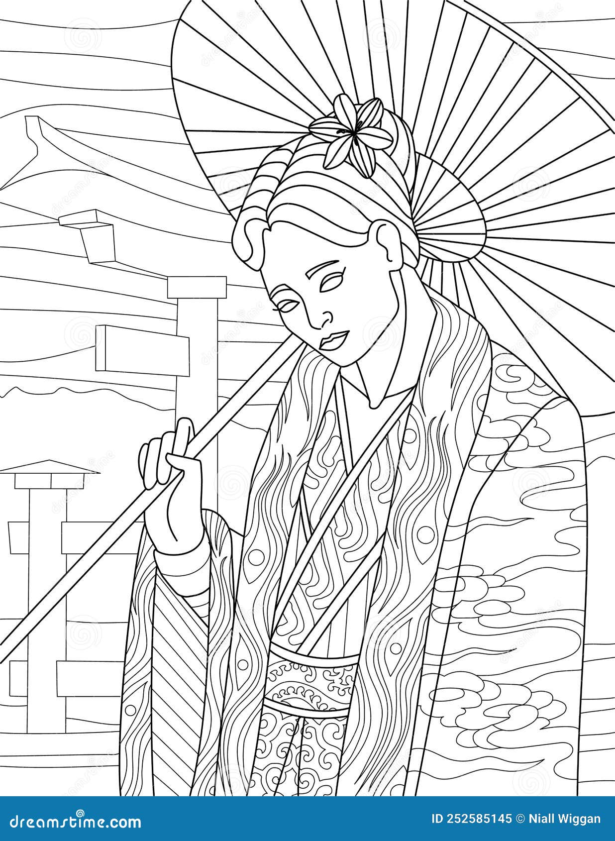 Coloring Page with Japanese Woman Dressed in Traditional Clothes ...