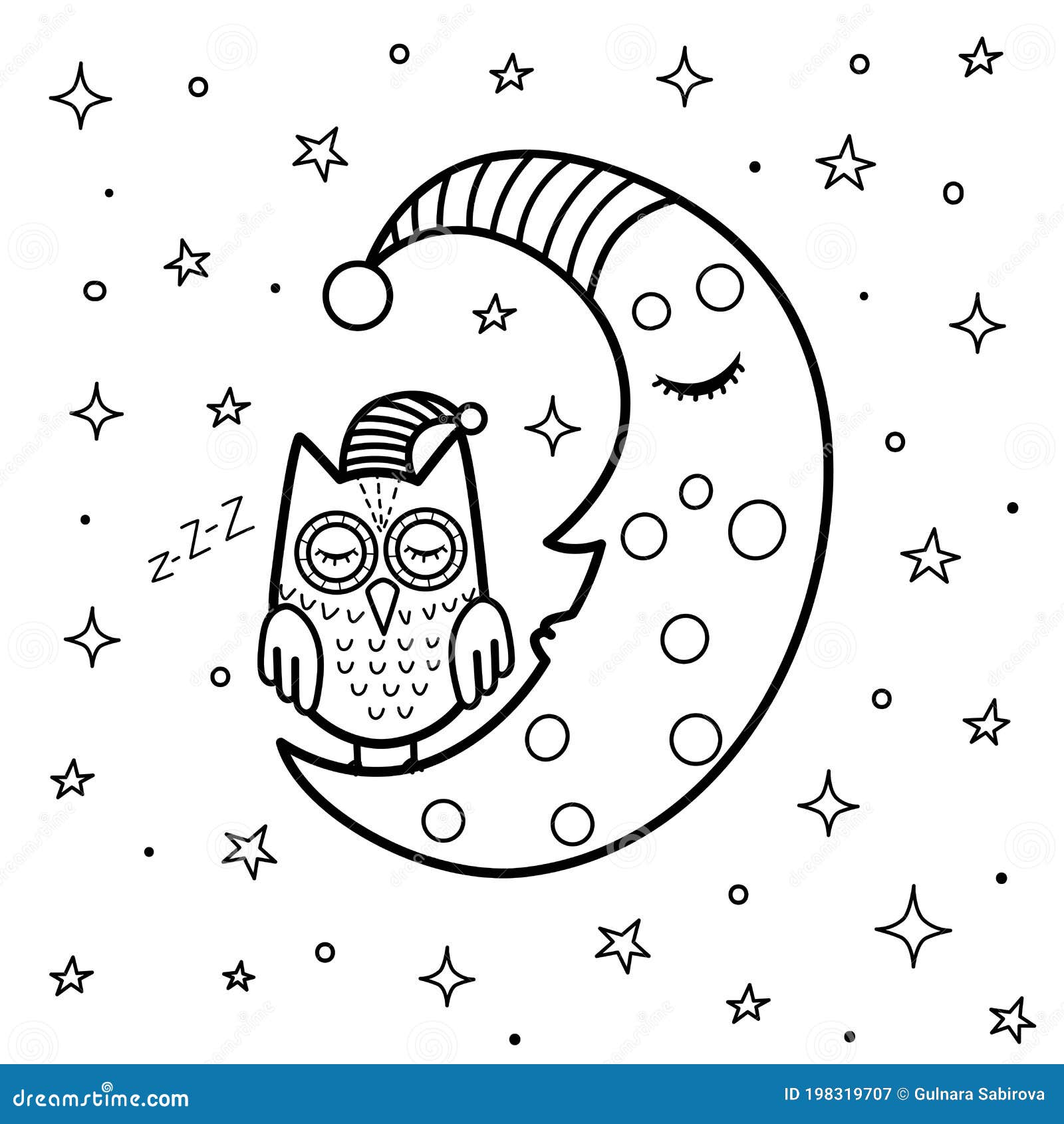 Download Coloring Page For Kids With A Cute Sleeping Moon And Owl ...