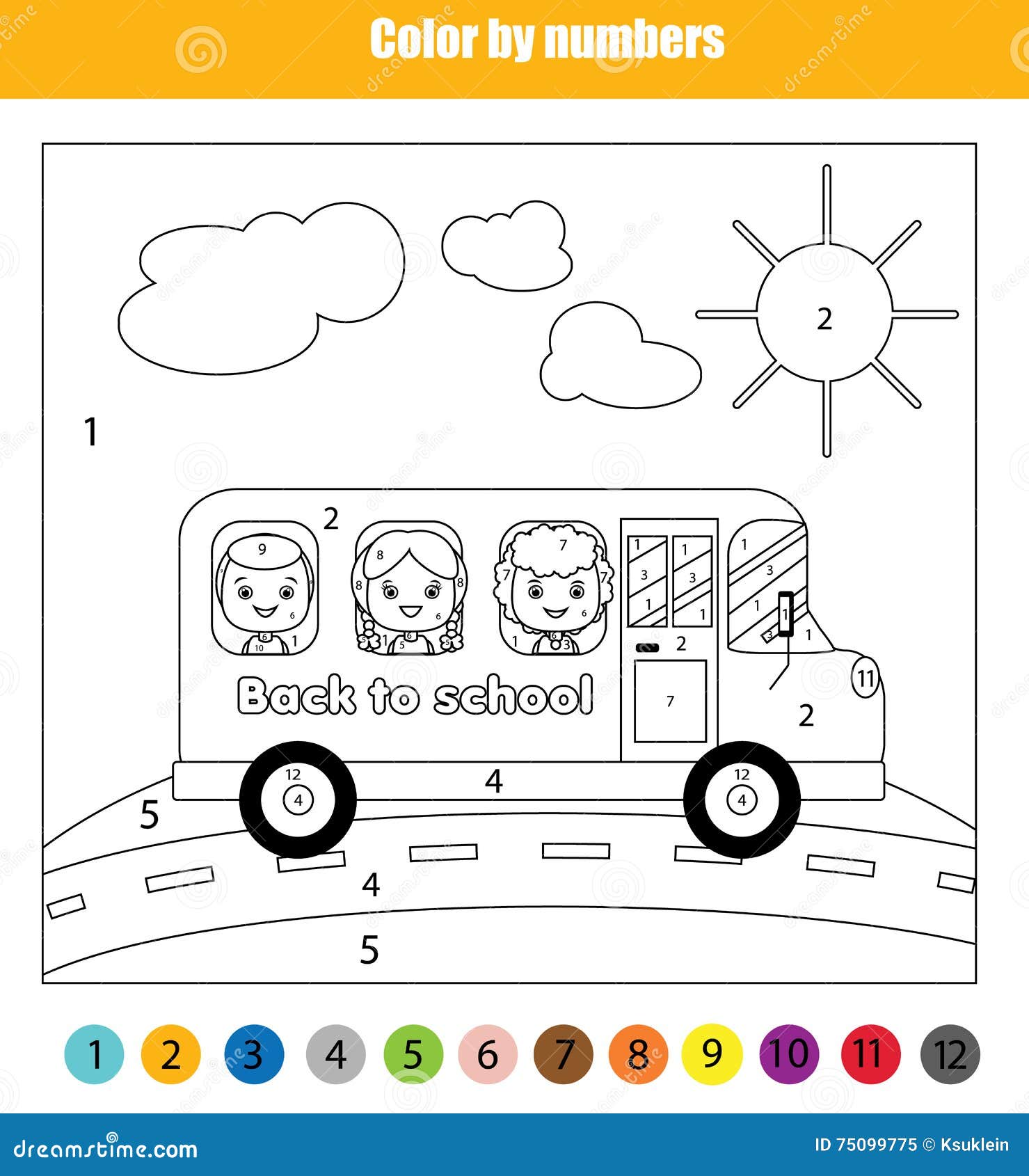 Coloring page with kids in school bus Color by numbers children educational game back