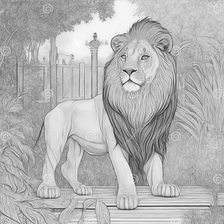 Coloring Page, Lion in the Zoo Illustration Stock Illustration