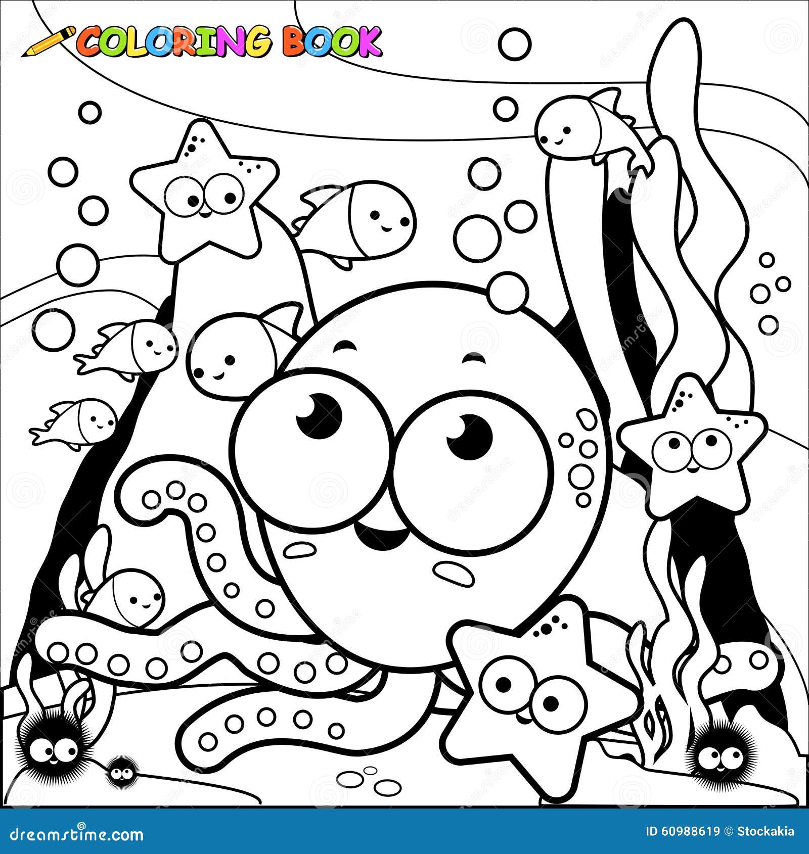 Octopus and Fish Swimming Underwater. Vector Black and White Coloring ...