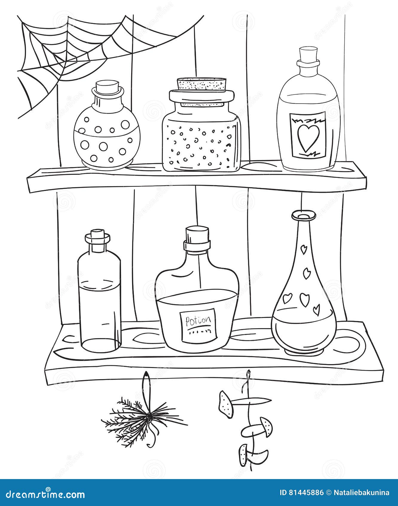coloring page magic potion witch shelf pantry doodle stile hand work 81445886