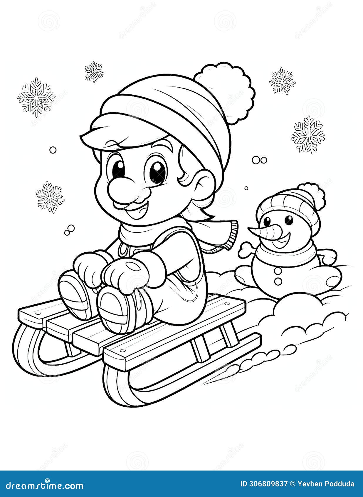 Coloring Page: Mario Rolling on a Sled on a Snowy Mountain Stock 