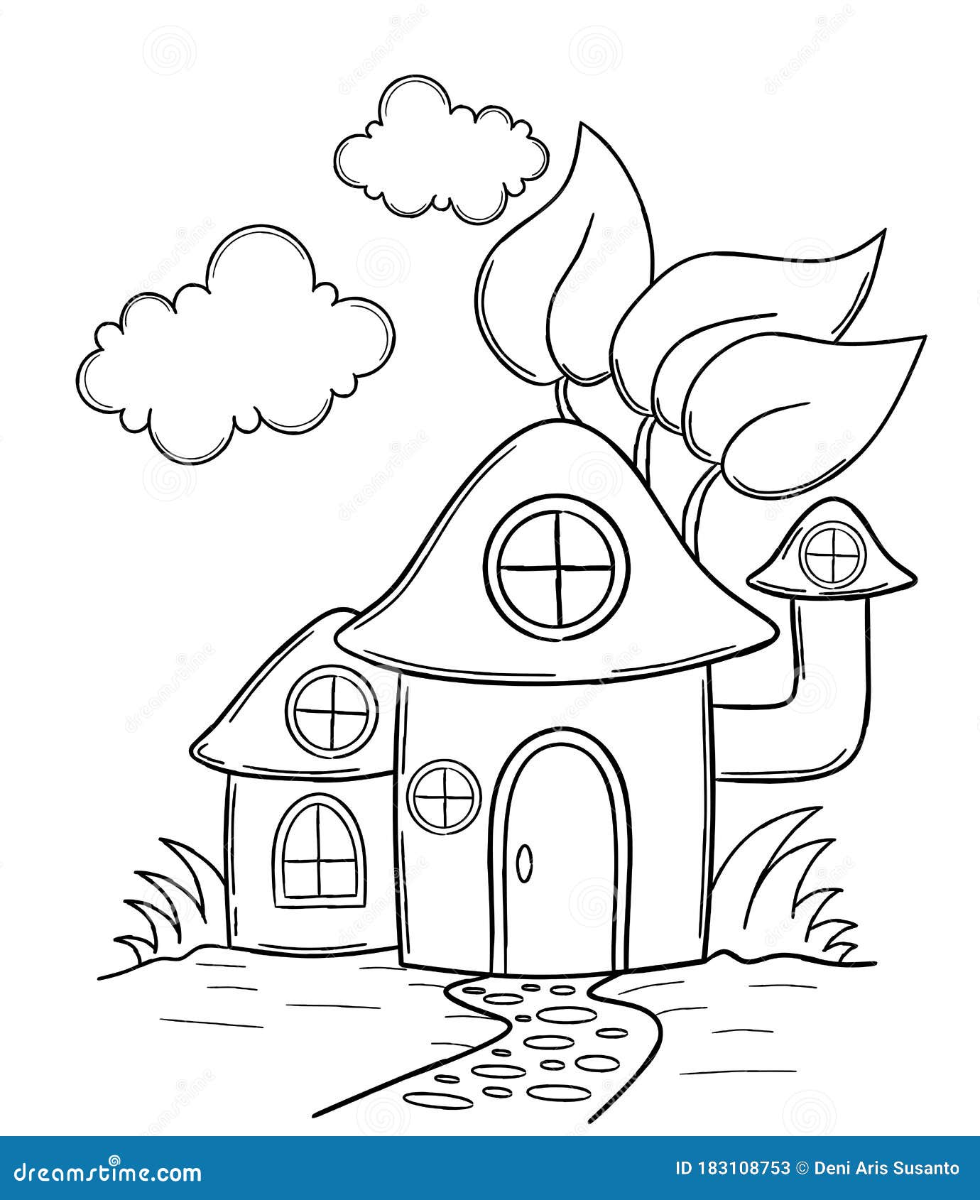 Coloring Page with Mushroom House. Stock Illustration - Illustration of