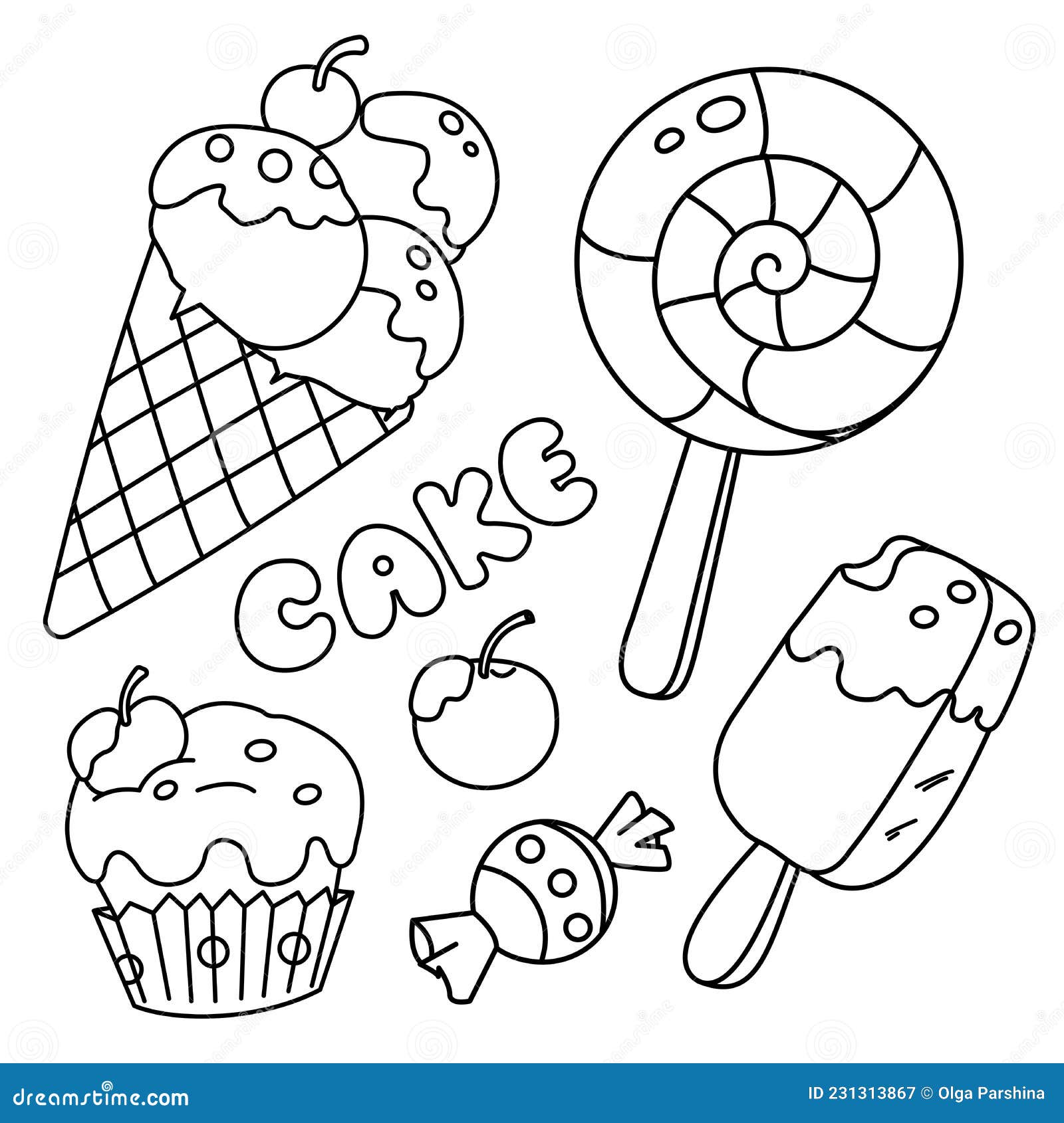 coloring page outline of candy, ice cream and cupcake. food and sweetness. coloring book for kids