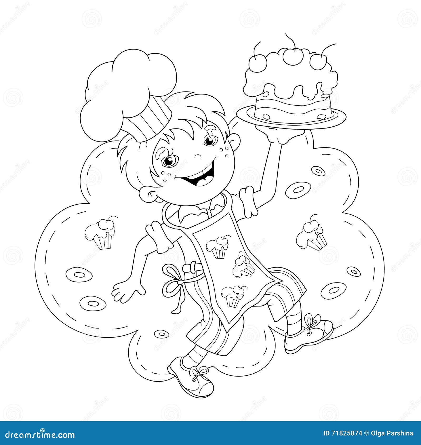 Coloring Page Outline Of Cartoon Boy Chef With Cake Stock Vector - Illustration of dish, cartoon ...