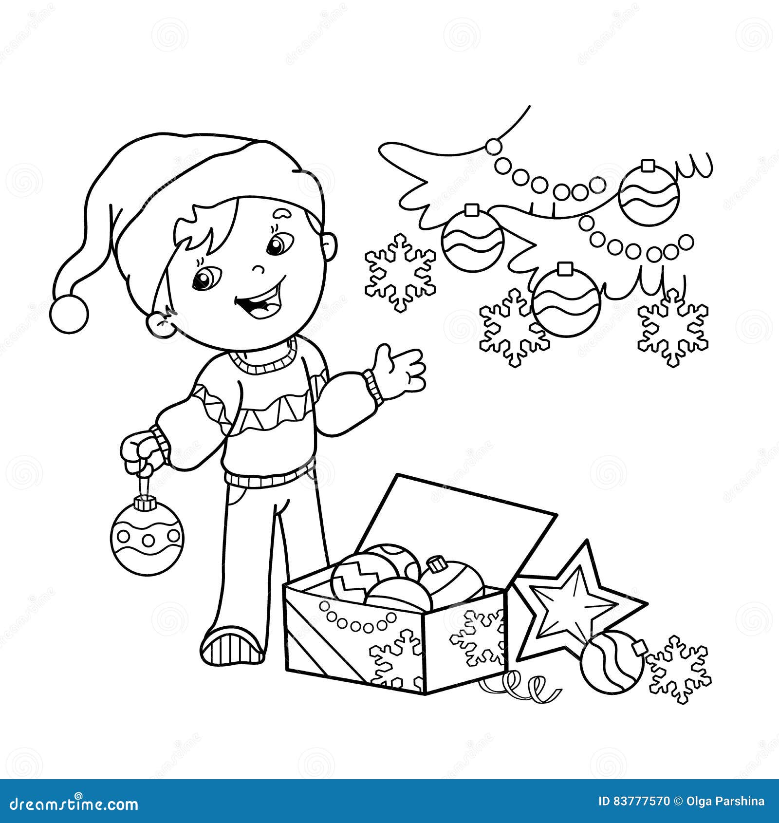 Coloring Page Outline cartoon boy decorating the Christmas tree with ornaments and ts Christmas New year Coloring book fo