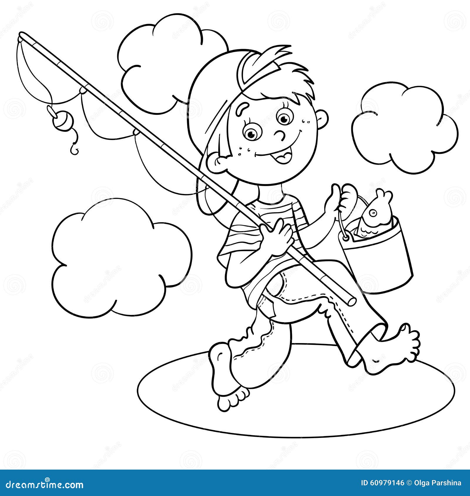 Coloring Page Outline of a Cartoon Boy Fisherman Stock Vector