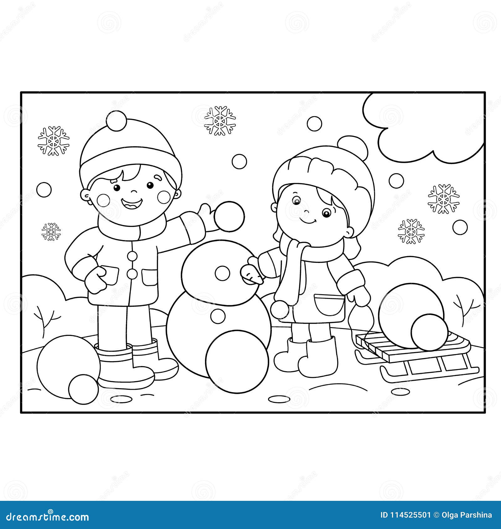 Download Coloring Page Outline Of Cartoon Boy With Girl Making Snowman Stock Vector - Illustration of ...