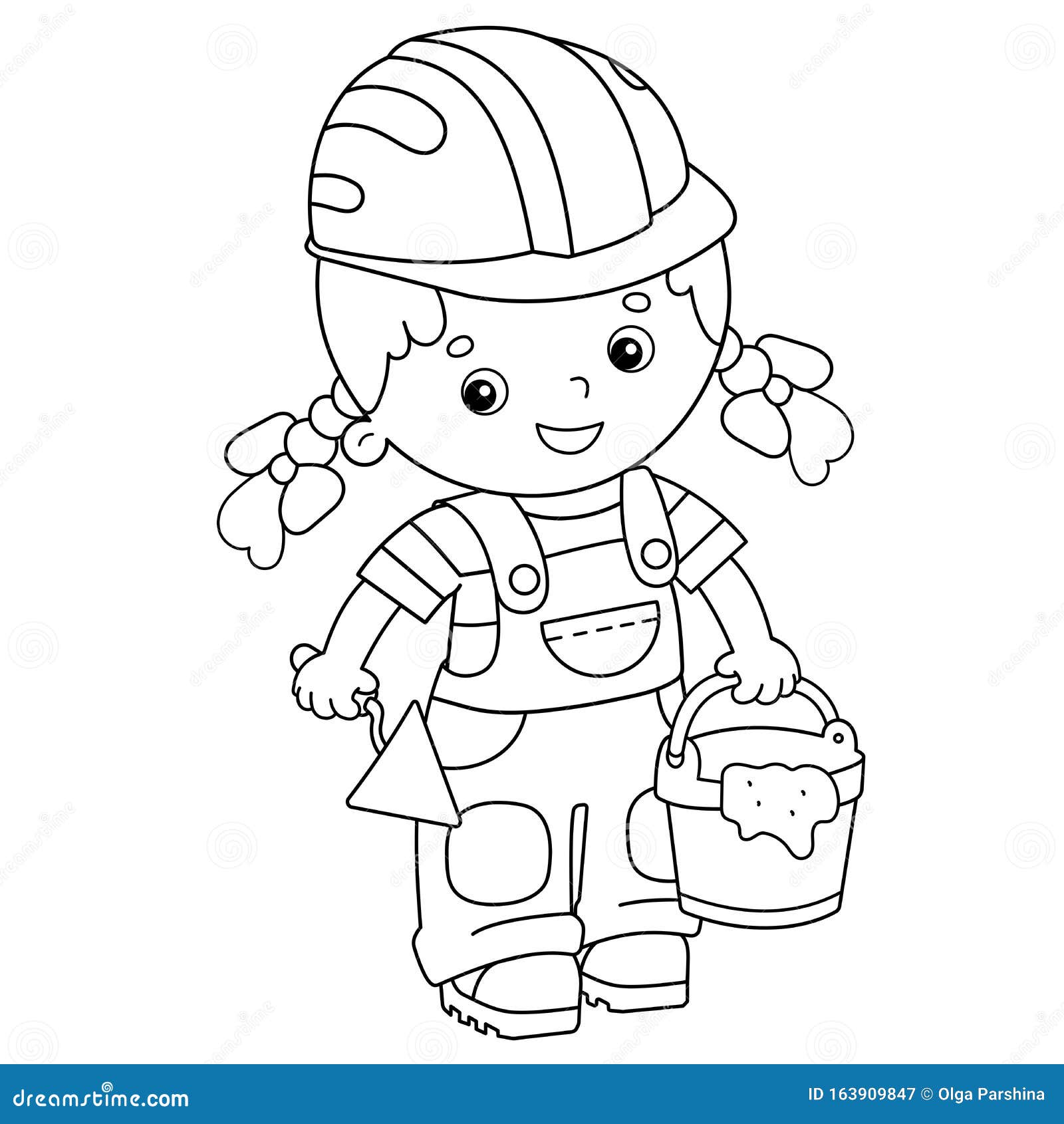 Coloring Page Outline of Cartoon Builder Girl with Cement Mortar and  Trowel. Profession Stock Vector - Illustration of construction, brick:  163909847