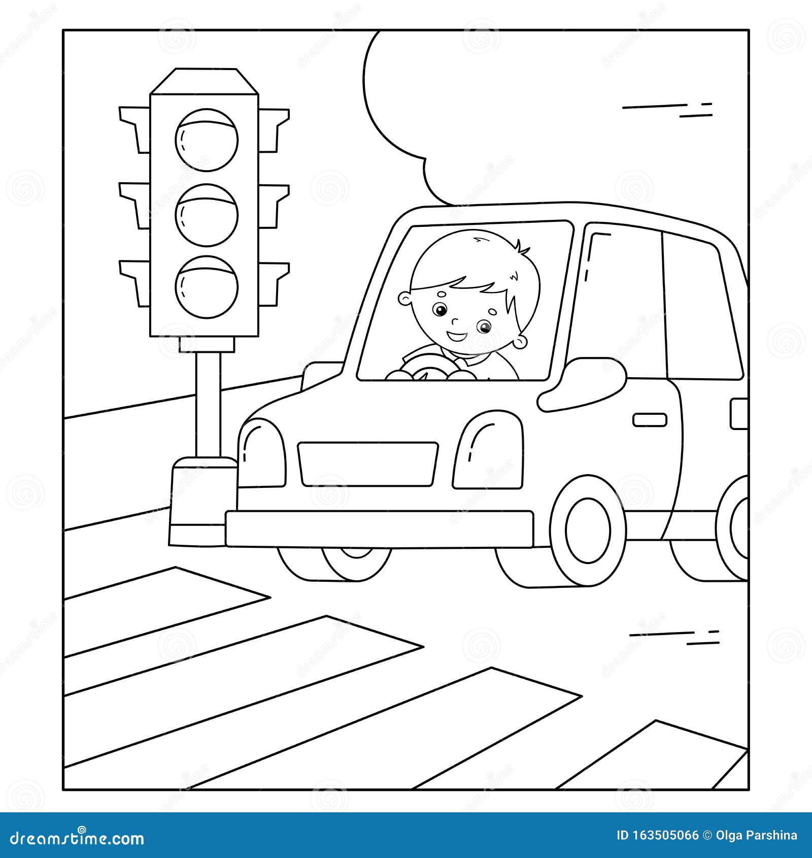 Coloring Page Outline of Cartoon Car with Driver on Road. Traffic Light