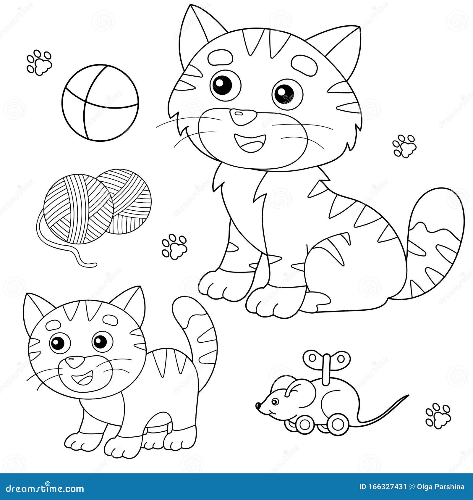 Coloring Page Outline of Cartoon Cat with Kitten and with Toys. Pets Stock  Vector - Illustration of little, cute: 166327431