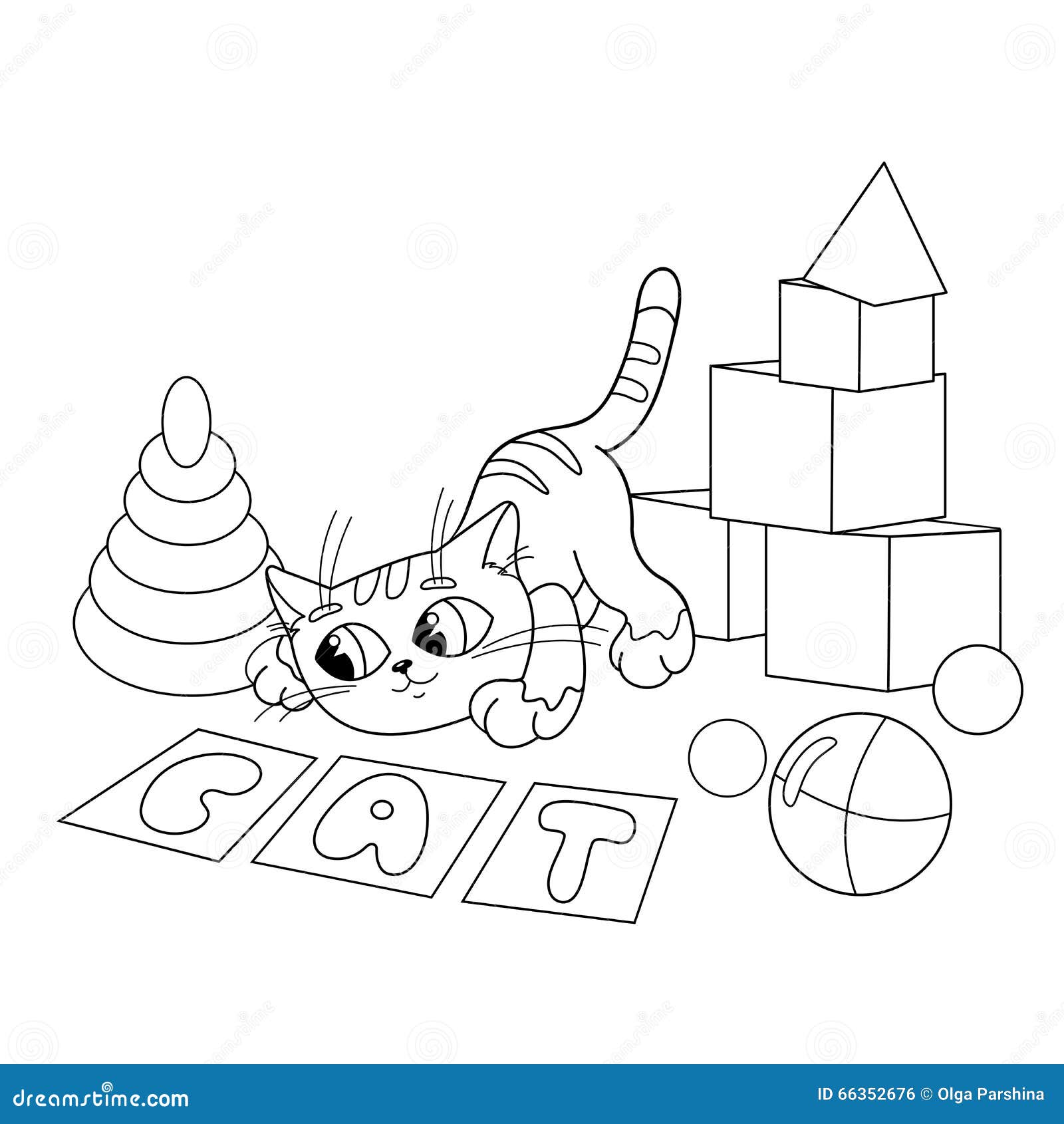 Coloring Page Outline of Cartoon Cat Playing with Toys Stock Vector -  Illustration of play, happy: 66352676