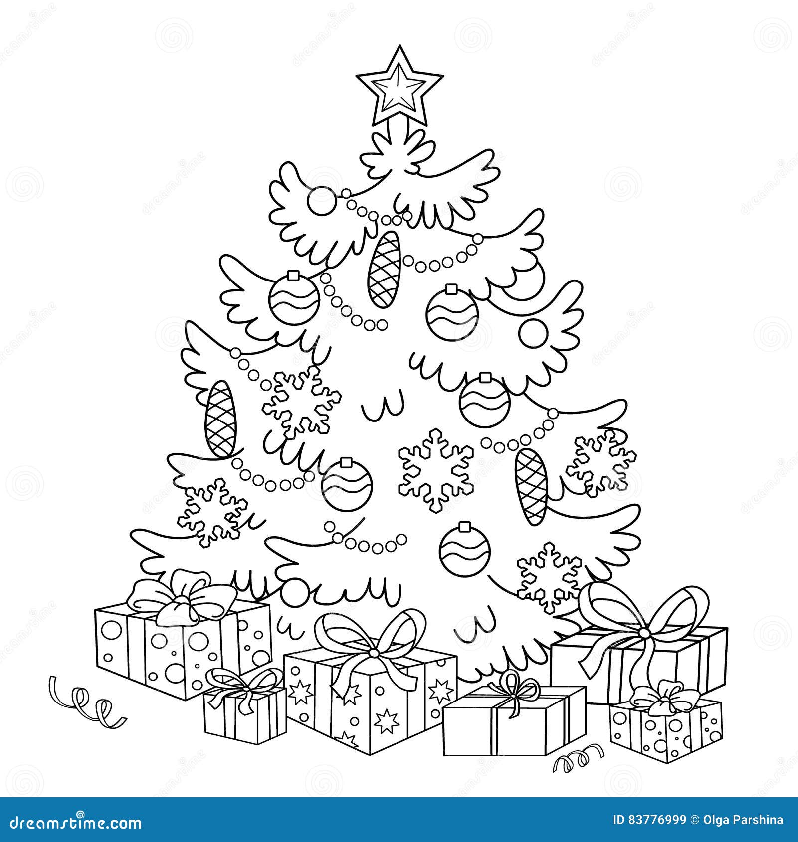 Coloring Page Outline cartoon Christmas tree with ornaments and ts