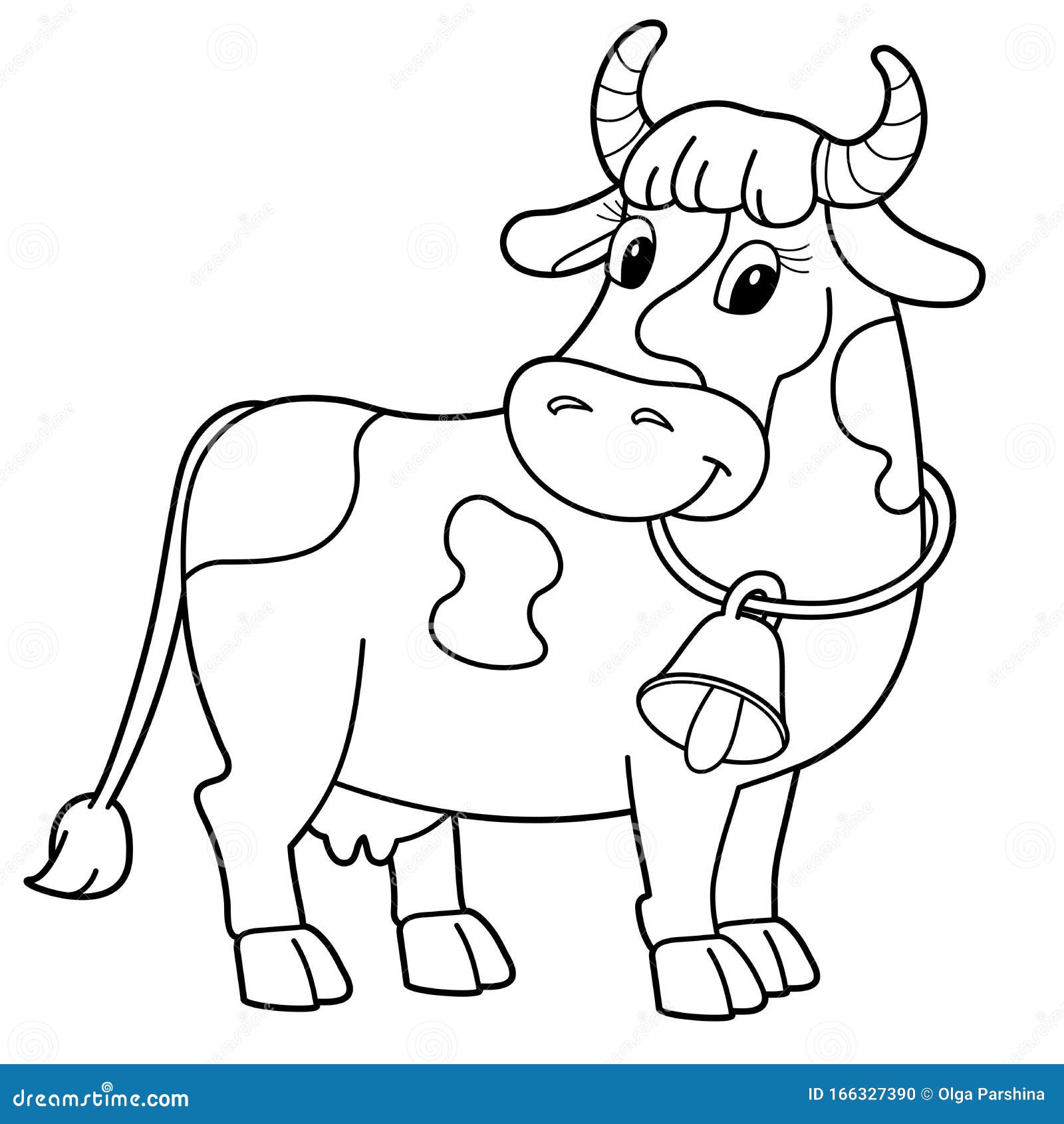 Coloring Page Outline of Cartoon Cow with Bell. Farm Animals. Coloring