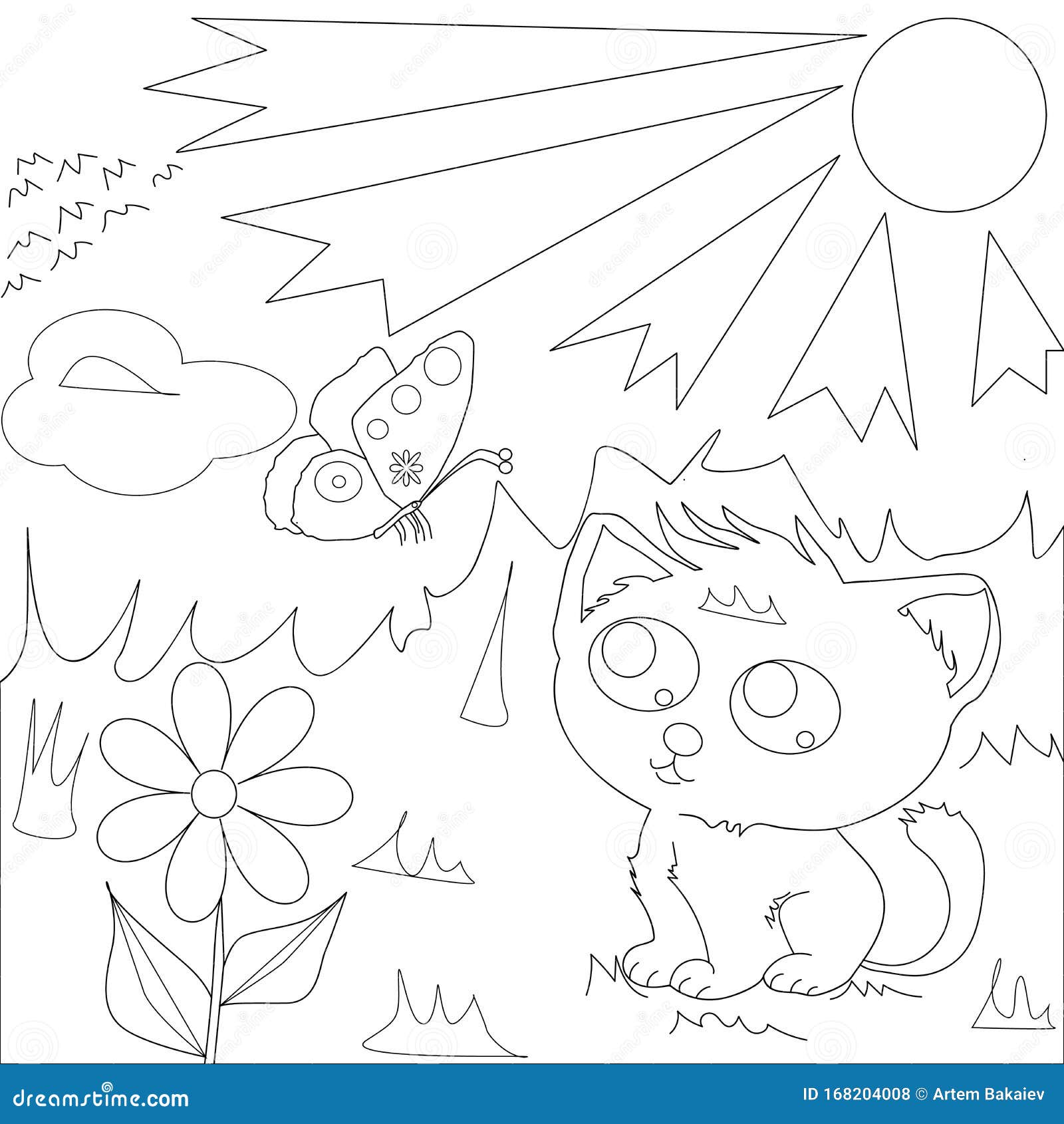 Coloring Page Outline Of Cartoon Cute Cat With Butterfly. Vector