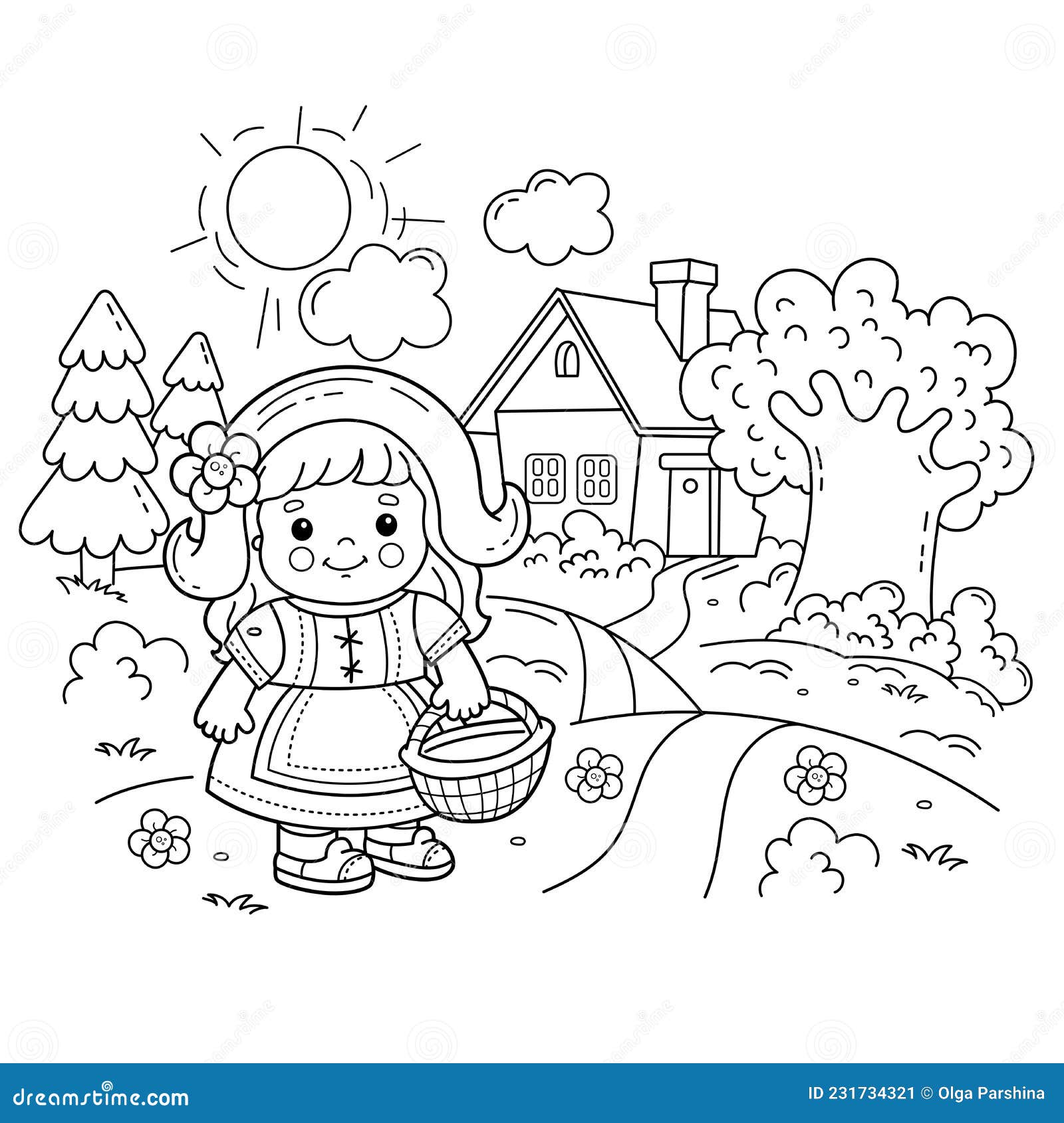 Coloring Page Outline of Cartoon Cute Girl with Basket Walking ...