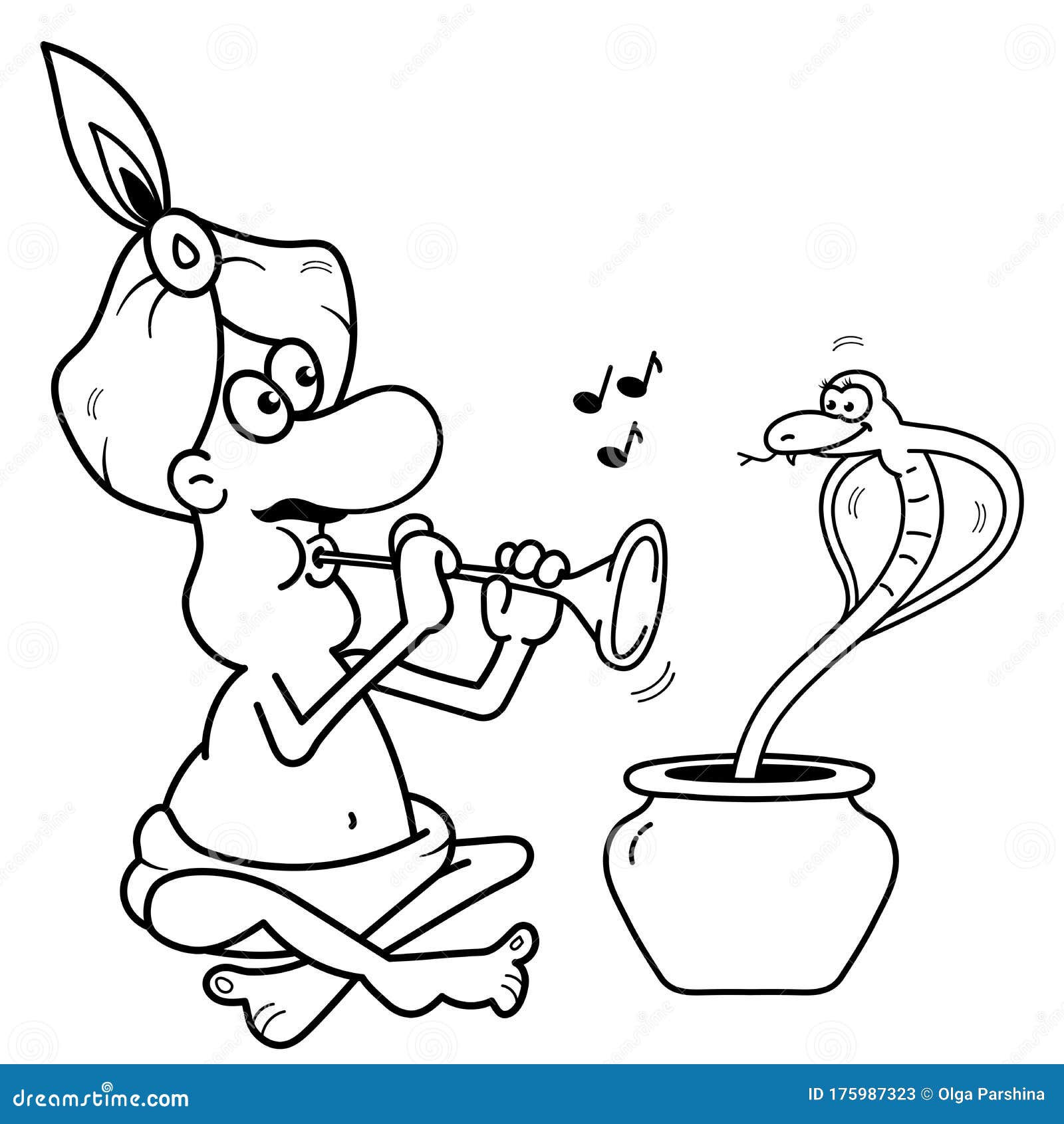 coloring page outline of cartoon fakir or snake charmer with serpent. coloring book for kids