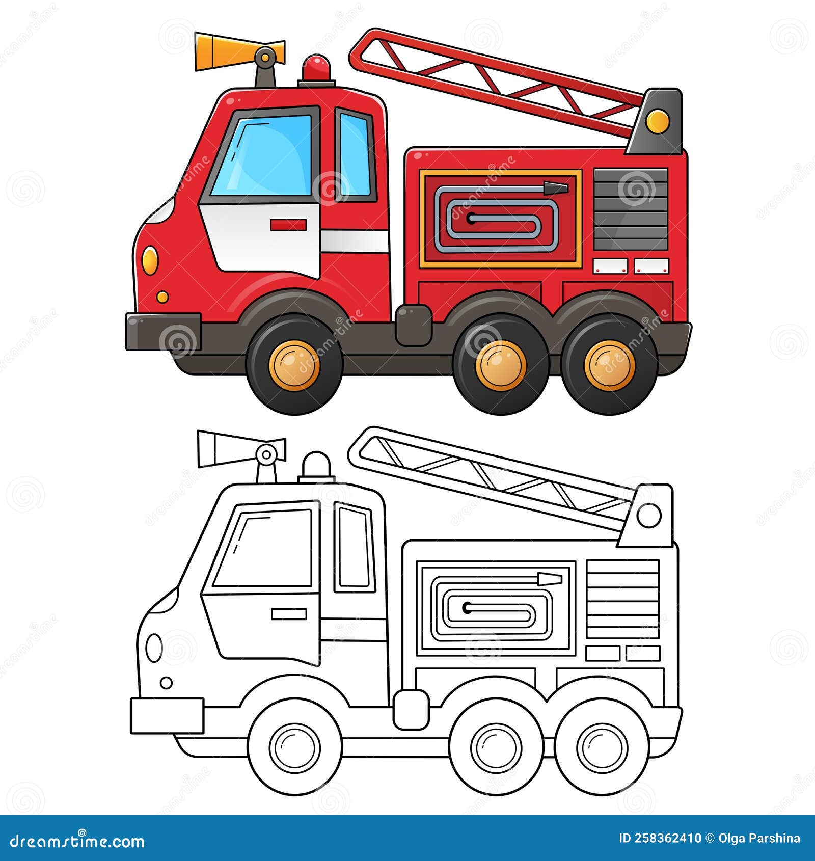 Coloring Page Outline of Cartoon Fire Truck. Professional Transport