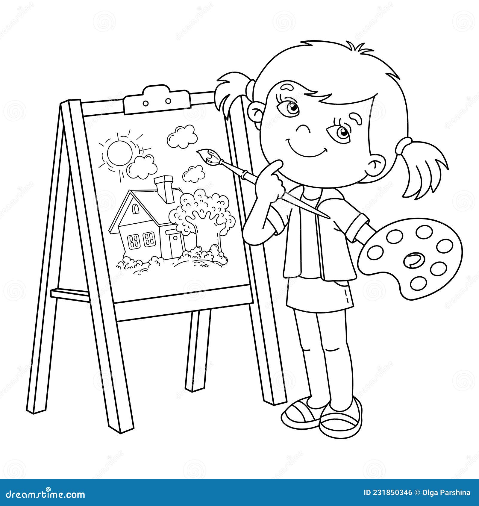 https://thumbs.dreamstime.com/z/coloring-page-outline-cartoon-girl-brush-paints-little-artist-easel-drawing-cute-house-book-kids-231850346.jpg