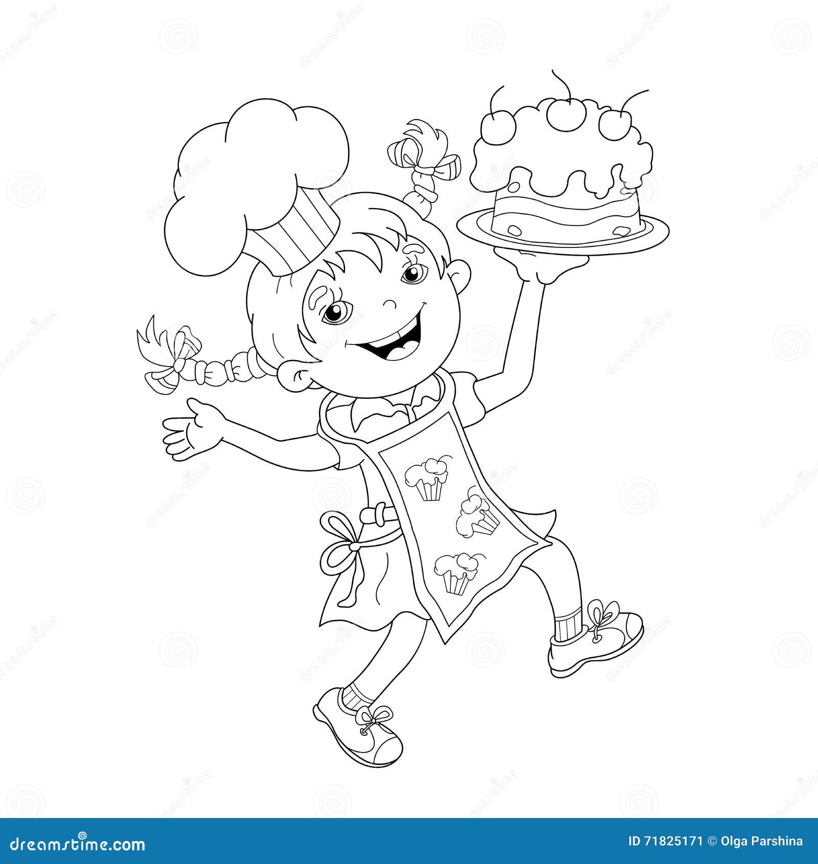 Coloring Page Outline of Cartoon Girl Chef with Cake Stock Vector