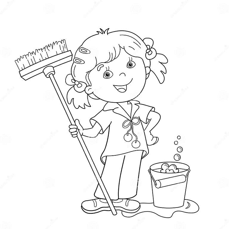 Coloring Page Outline of Cartoon Girl with Mop and Bucket Stock Vector ...