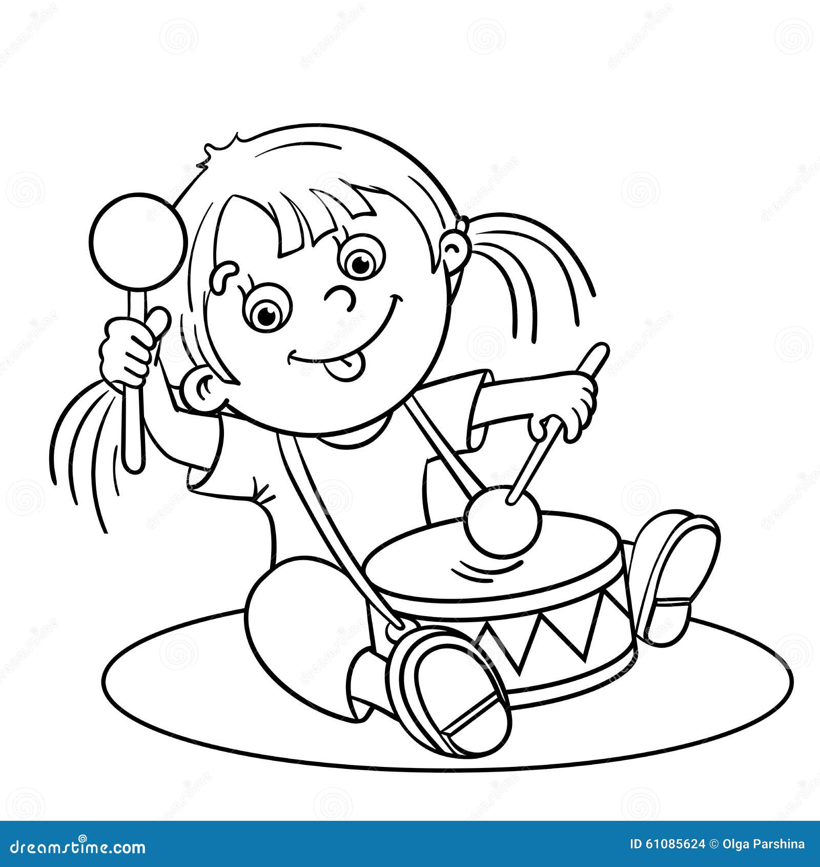 Coloring Page Outline Of A Cartoon Girl Playing The Drum Stock