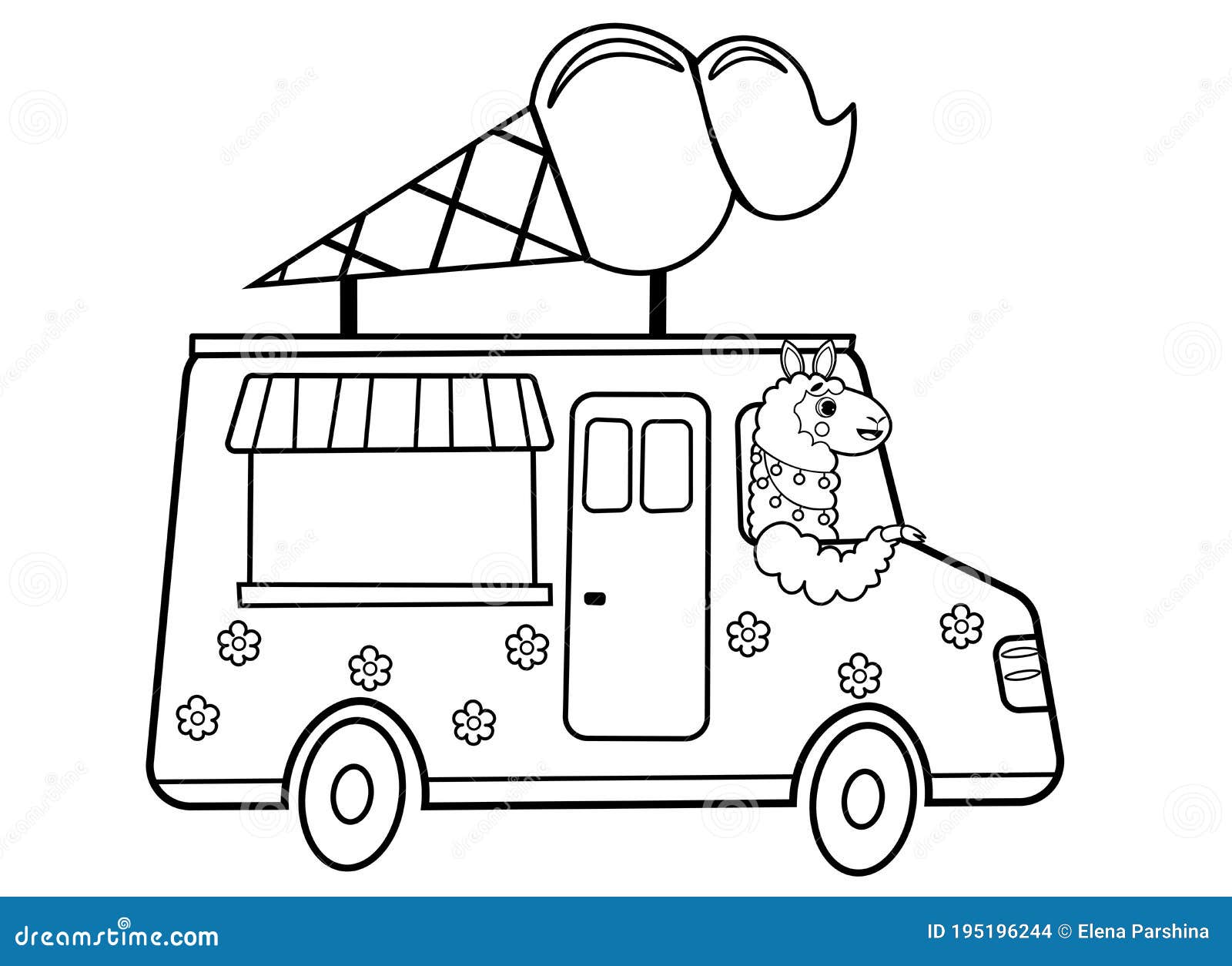 Coloring Page Outline of Cartoon Ice Cream Truck with Animal. Vector