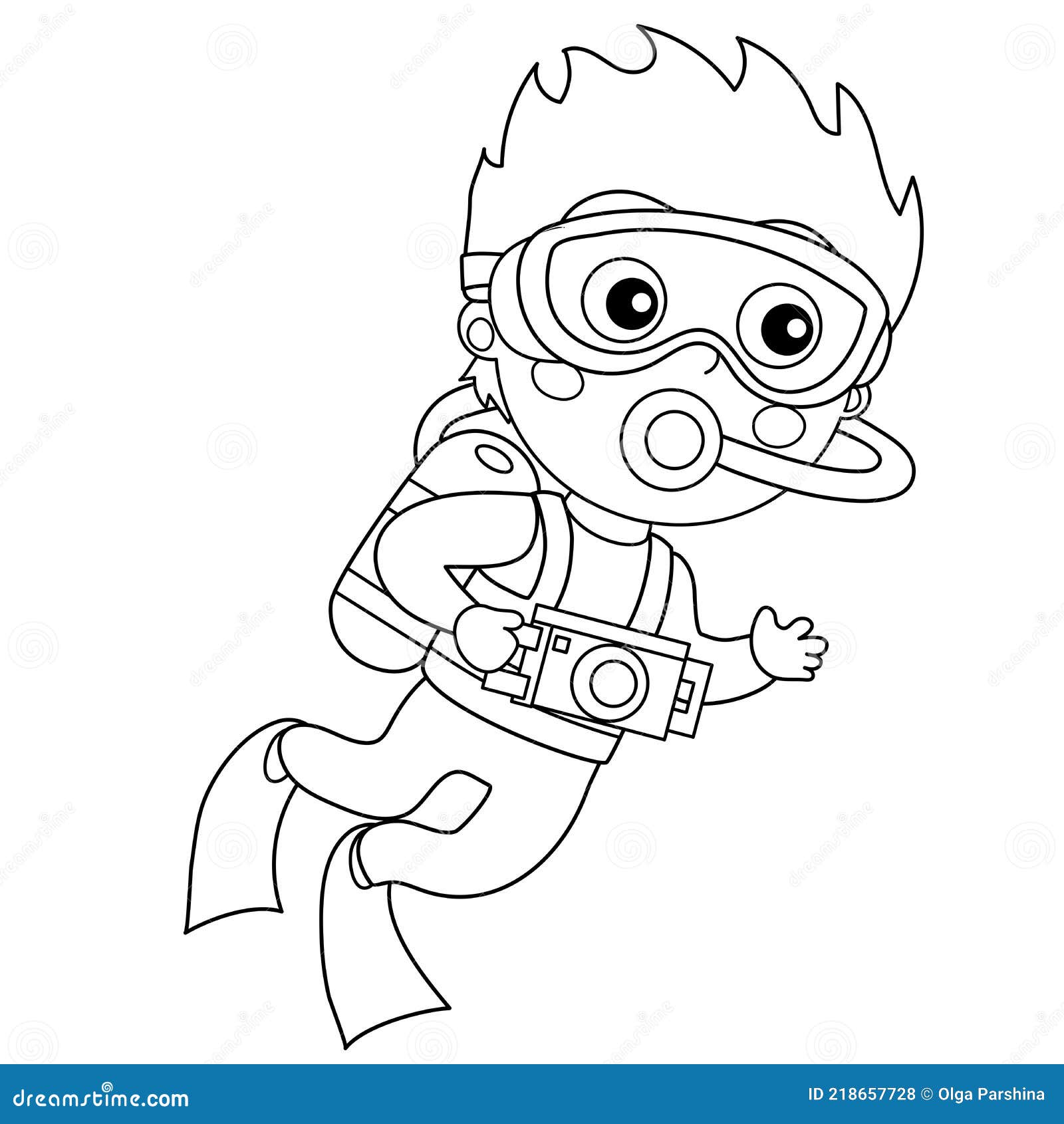 Coloring Page Outline of Cartoon Little Boy Scuba Diver. Marine