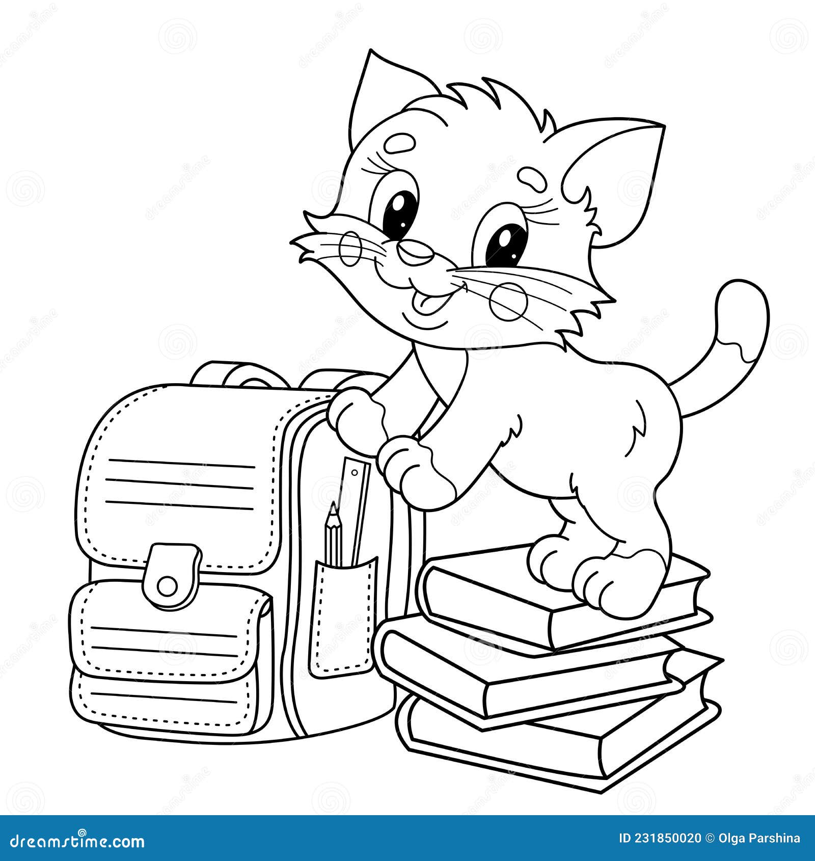 Coloring Page Outline of Cartoon Little Cat with School Supplies. Cute ...