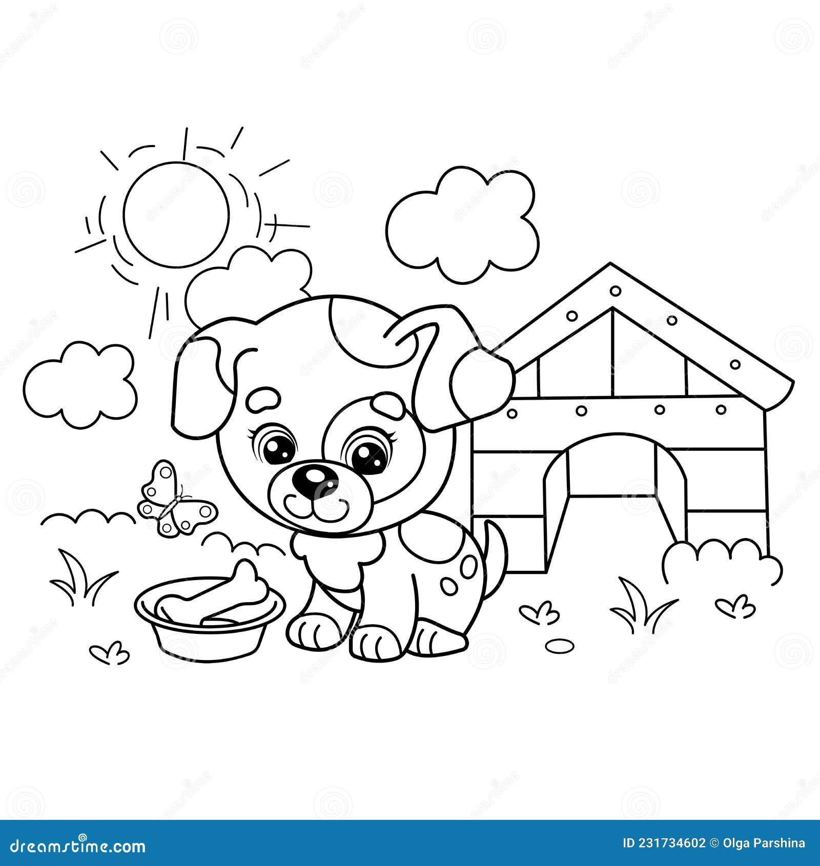Coloring Page Outline of Cartoon Little Dog with Dog House and Bone