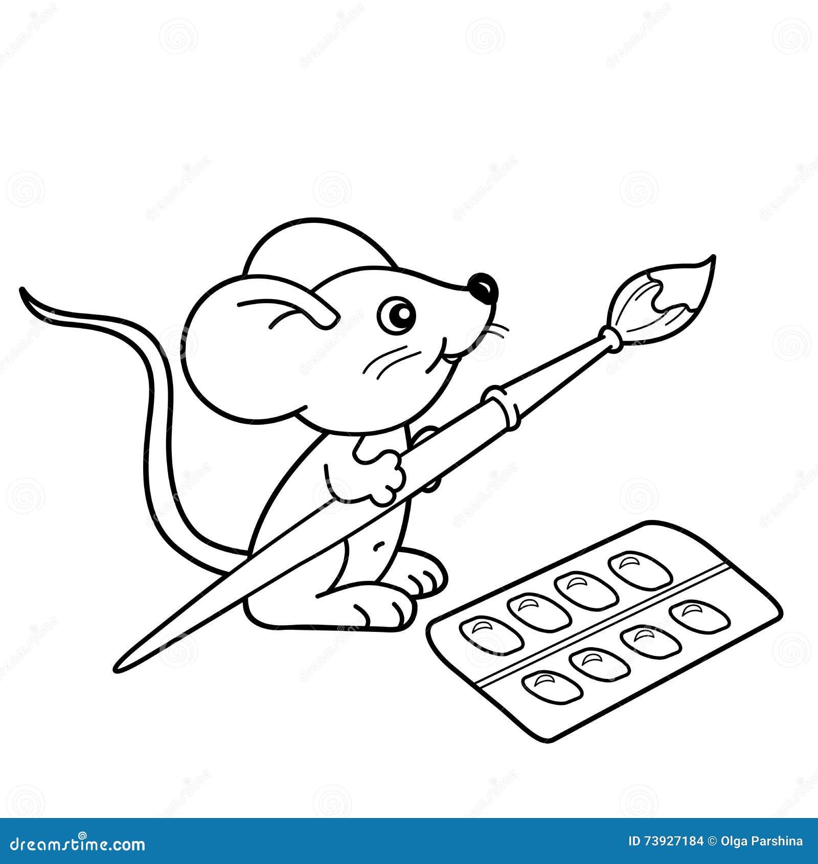 Coloring Page Outline Of Cartoon Little Mouse With Brush And Paints