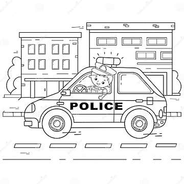 Coloring Page Outline of Cartoon Policeman with Car. Profession ...