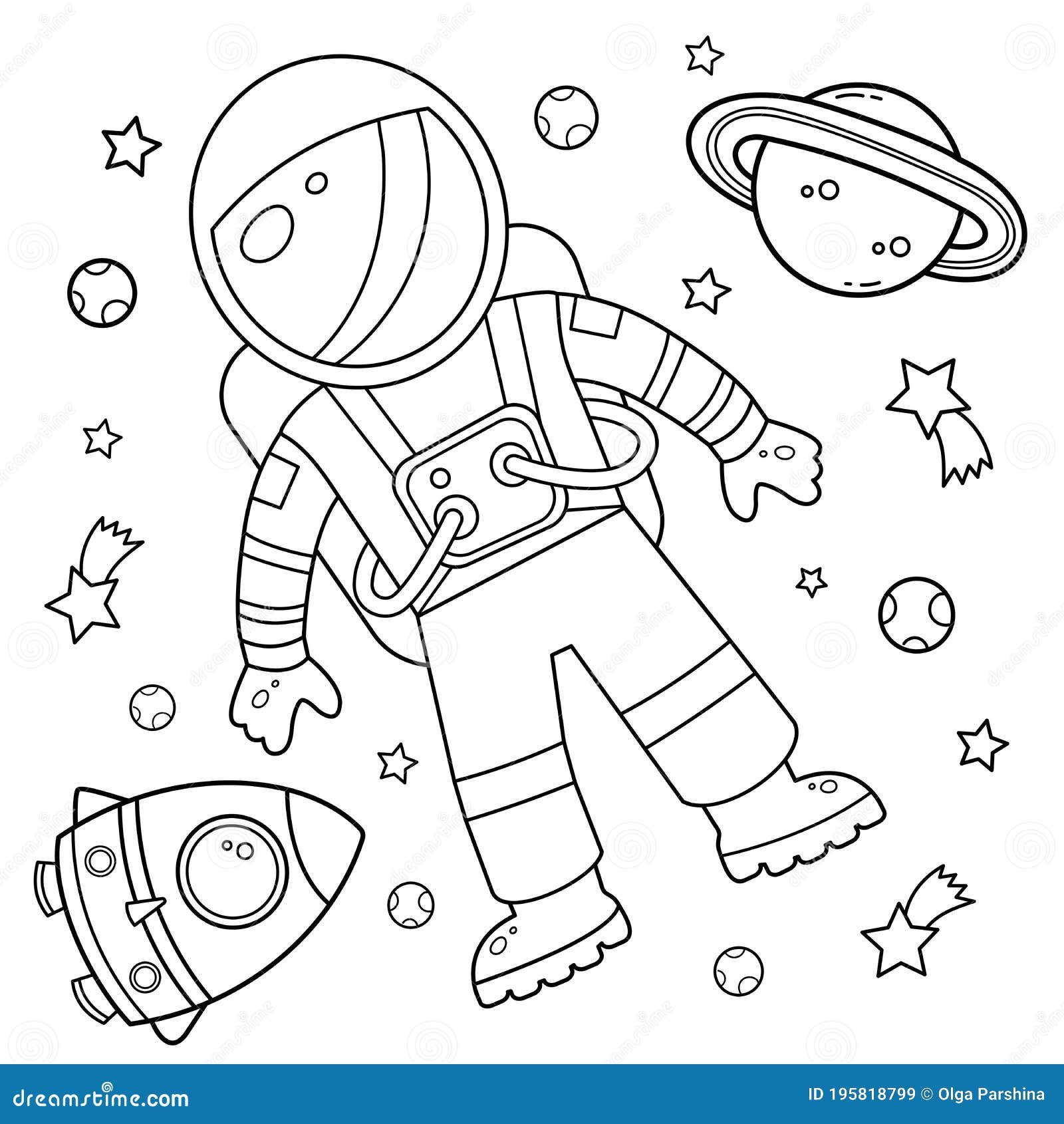 Coloring Page Outline of a Cartoon Rocket with Astronaut in Space ...