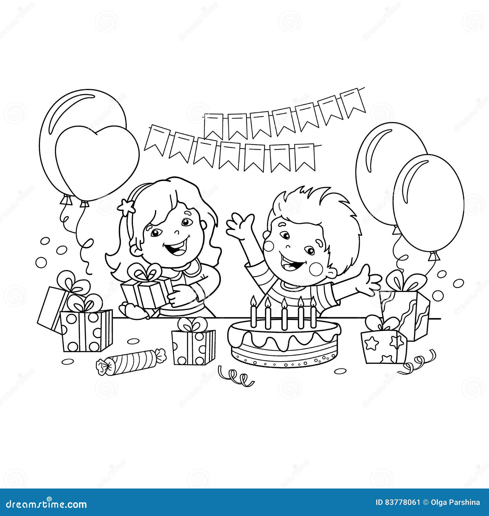 Coloring Page Outline Of Children With A Gifts At The Holiday. Birthday. Coloring Book For Kids 