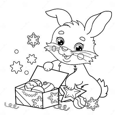 Coloring Page Outline of Cute Bunny or Rabbit with Gifts. Christmas ...