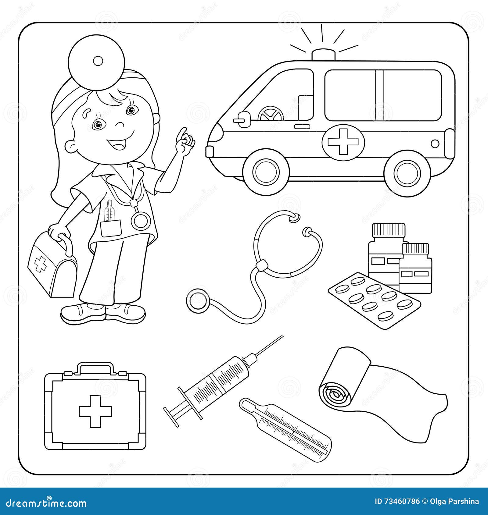 Desenho de página para colorir de médico. Conjunto de instrumentos médicos  imagem vetorial de Oleon17© 114576822