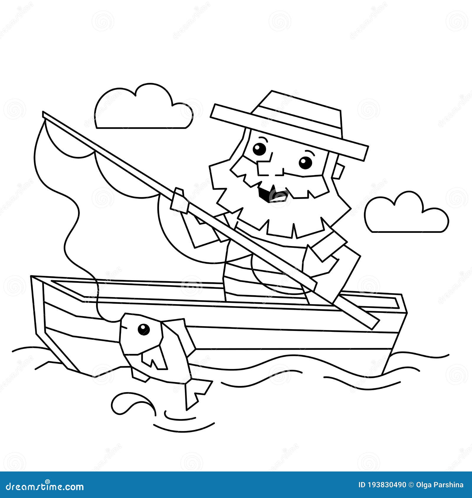 Coloring Page Outline of a Fisherman with a Fishing Rod in Boat