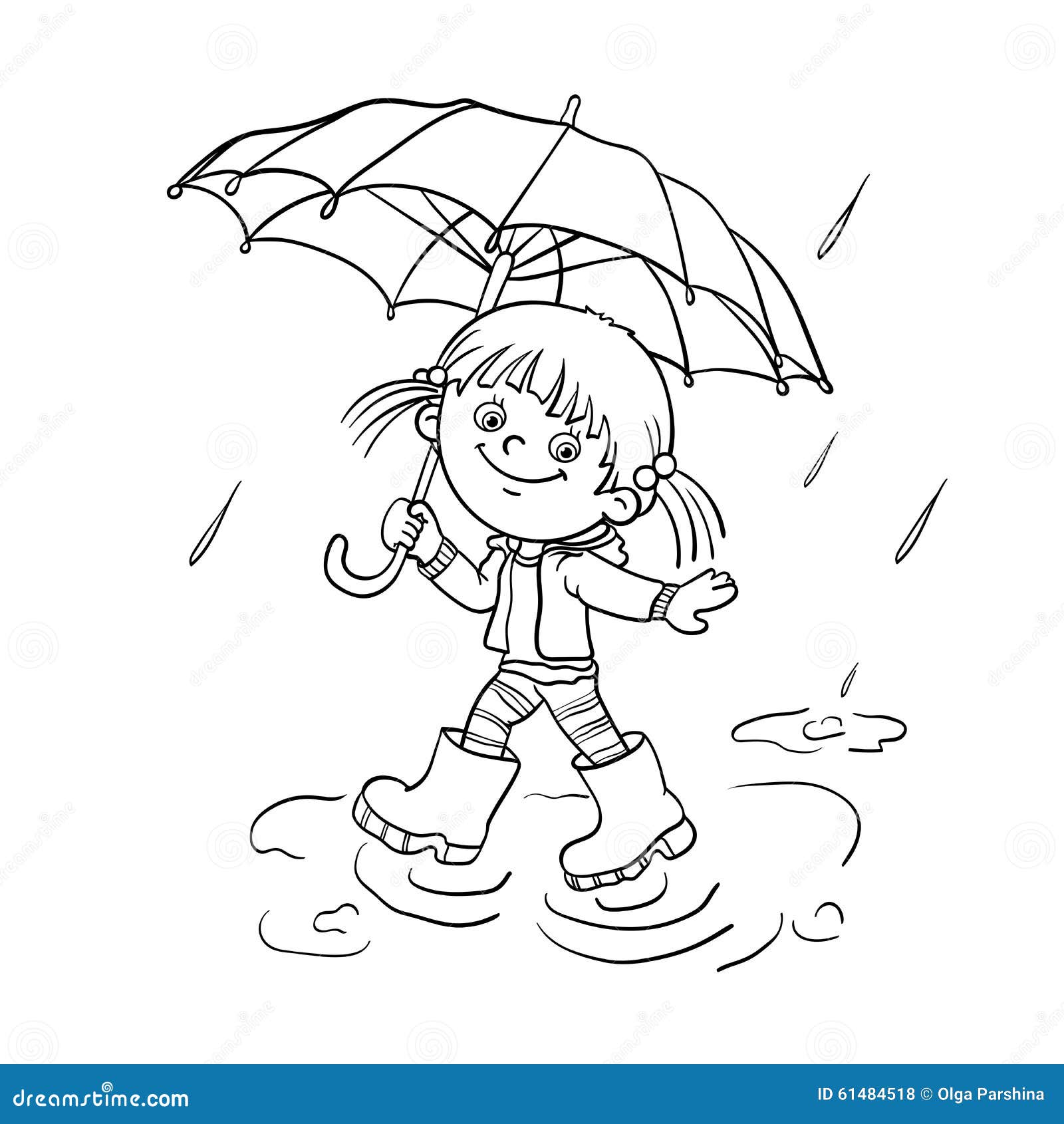 Coloring Page Outline Of A Girl Walking In The Rain Vector Illustration