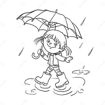 Coloring Page Outline of a Girl Walking in the Rain Stock Vector ...