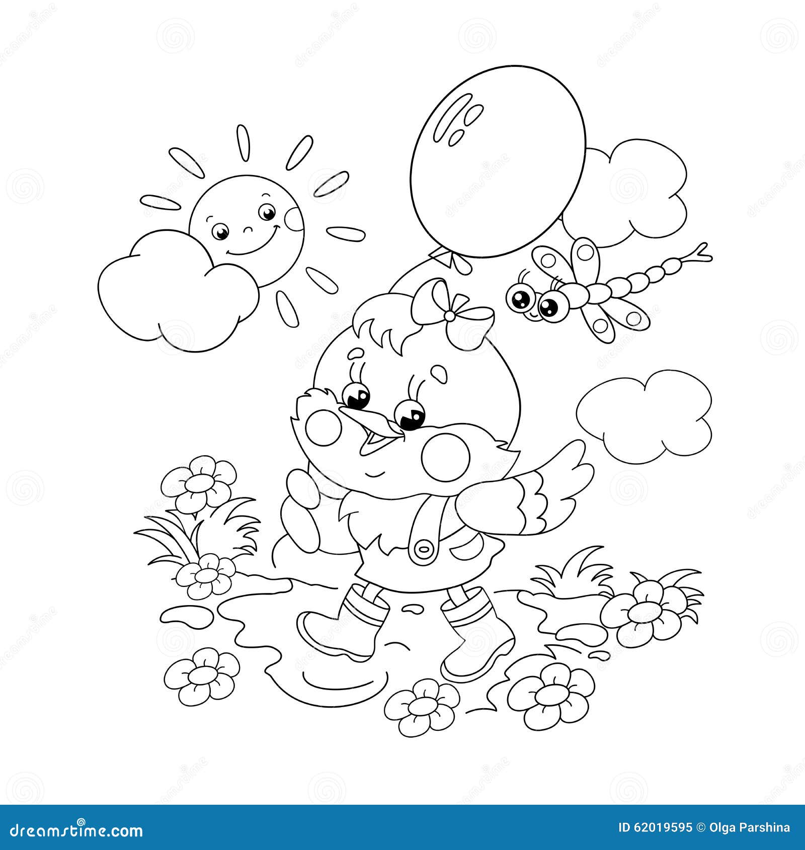 Coloring Page Outline Of A Happy Chicken Walking With A Balloon Stock