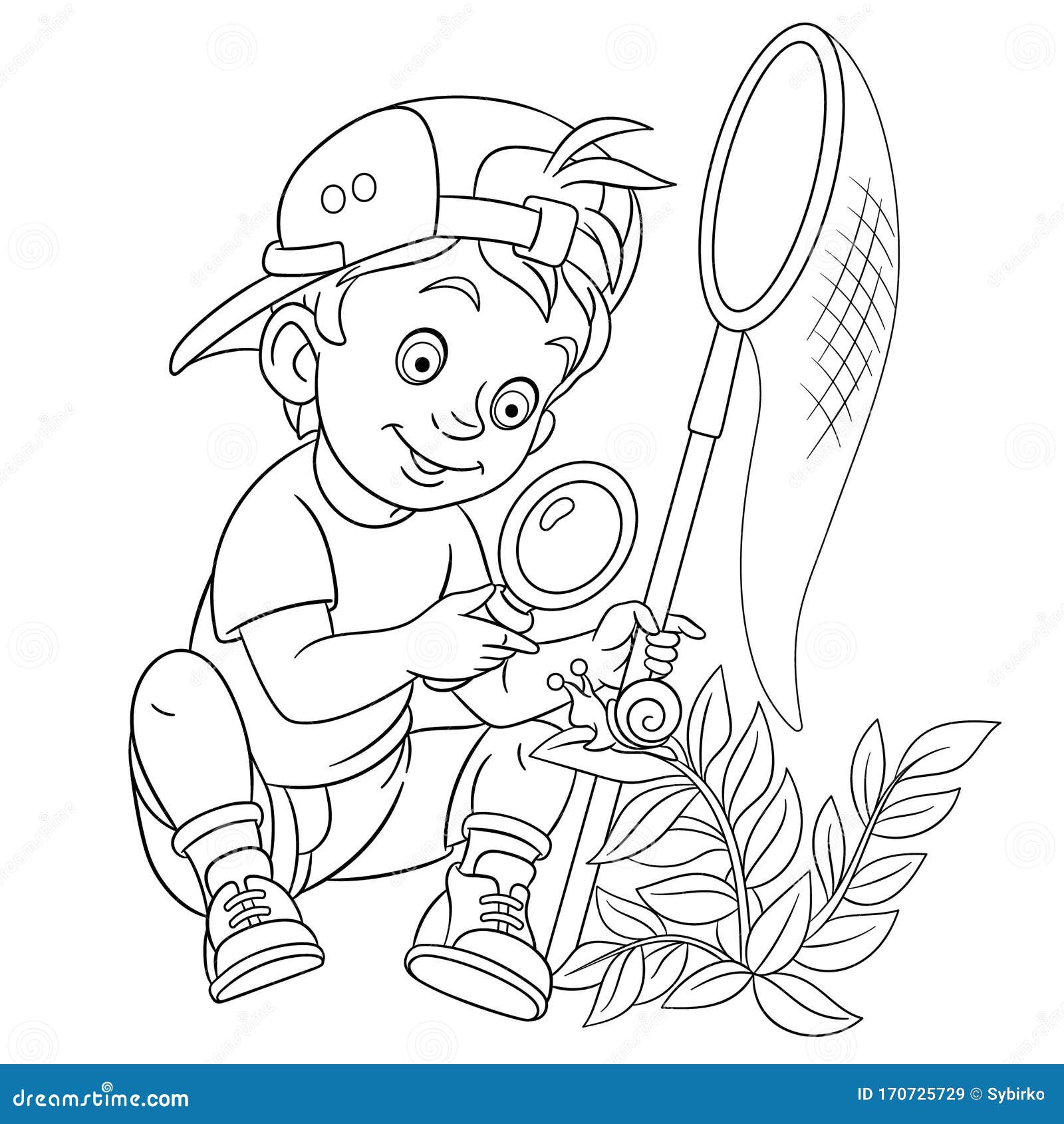 Coloring Page with Boy Discovering Nature Stock Vector ...