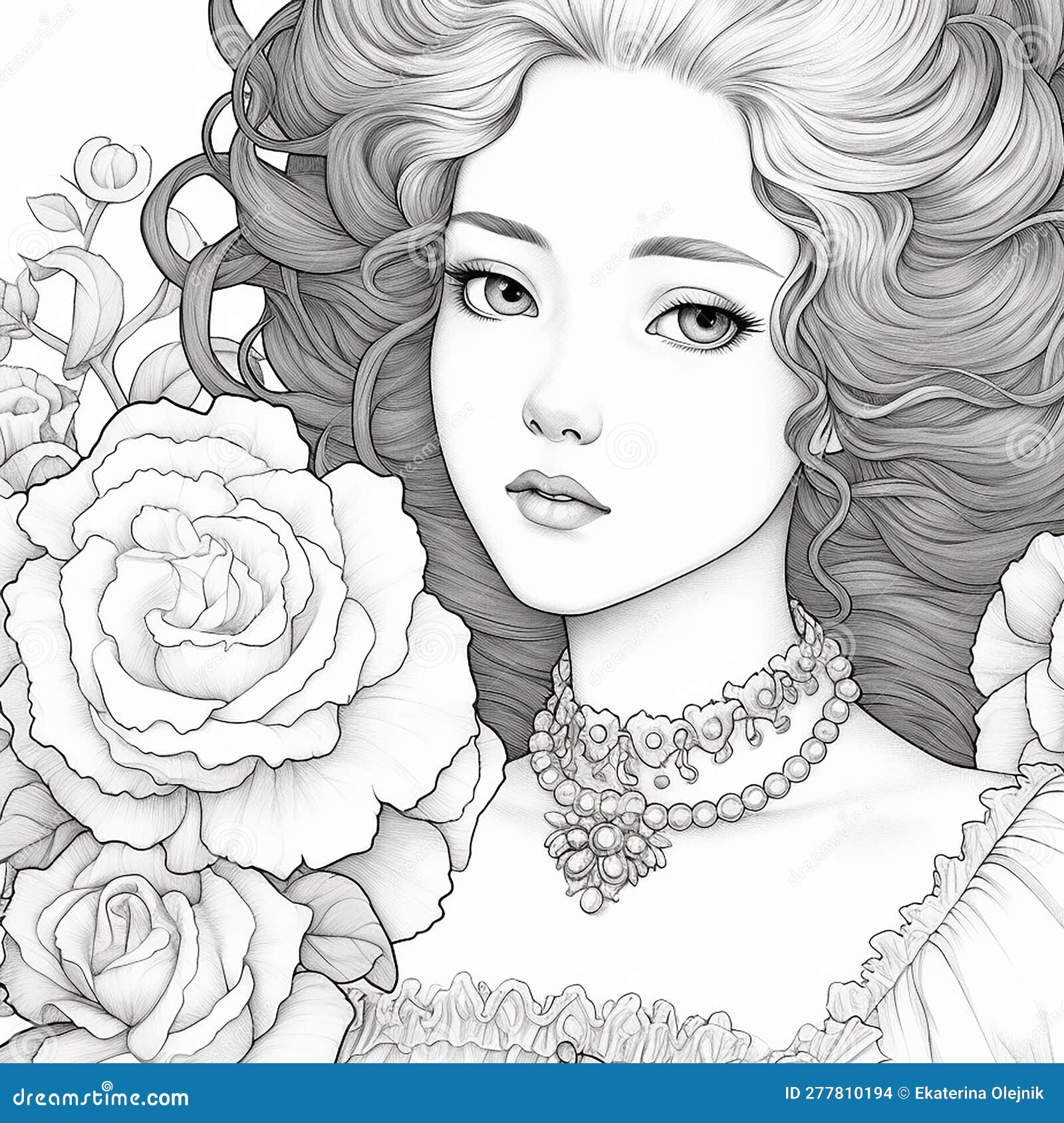 Coloring Page. Portrait of a Girl in Retro Style. Flowers and Plants ...