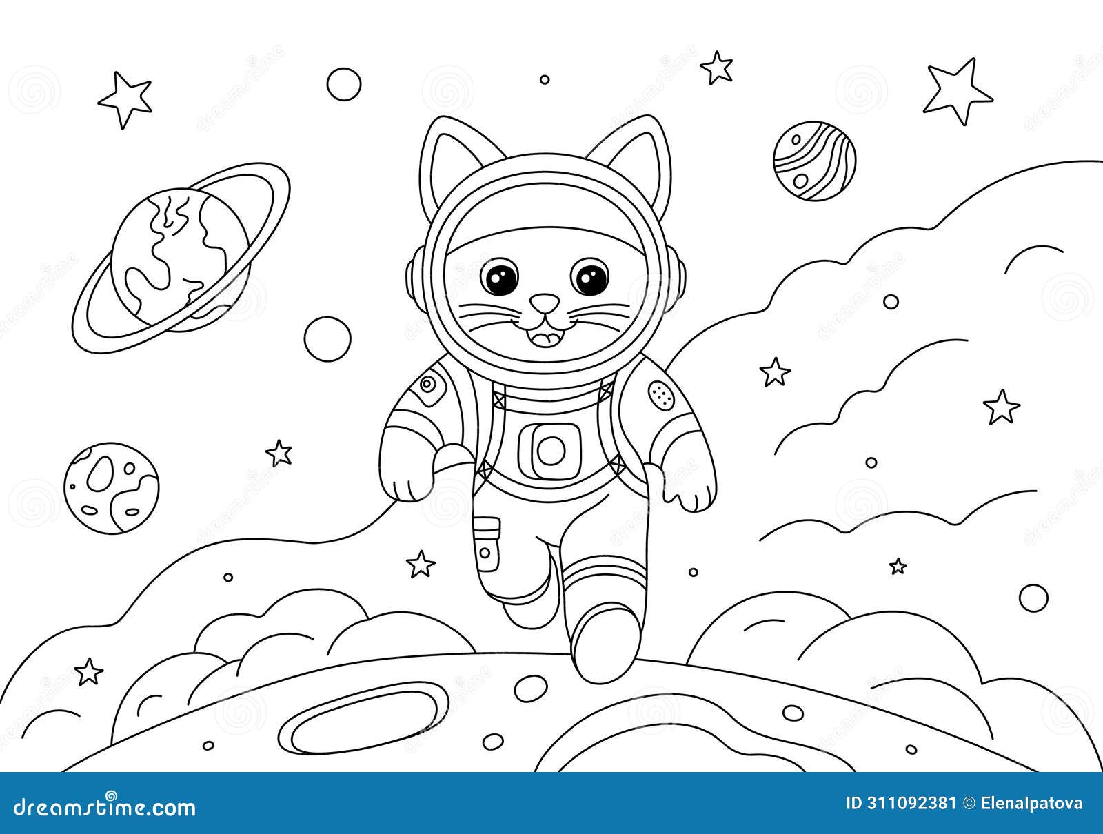 Coloring Page with Running Astronaut Cat in Space Stock Vector